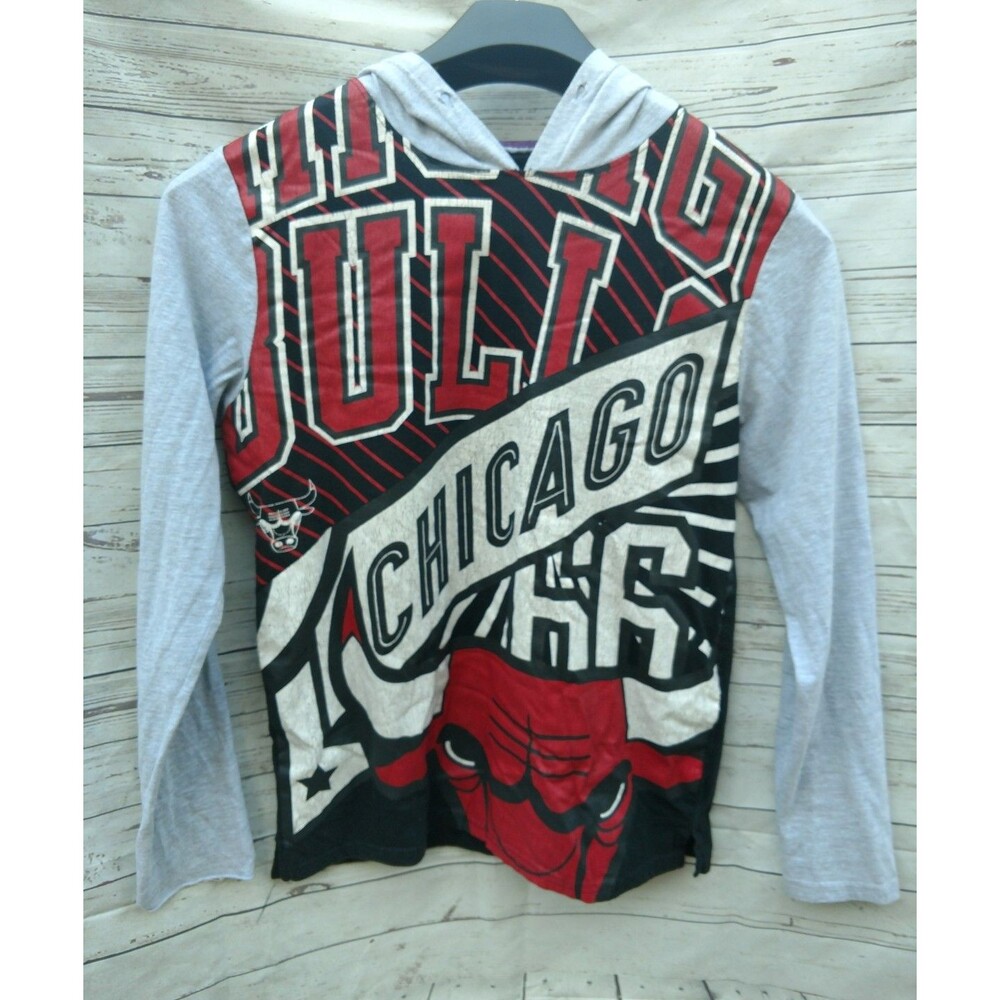 UNK Retro Chicago Bulls 66 Long Sleeve Hooded Shirt Sz Small Gray Red Black NBA